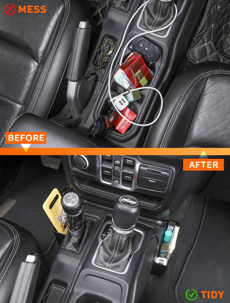 Savadicar GT-2 Shifter Storage Box, Gear Shift Console Side Tray Organizer Compatible with 2018-2025 Jeep Wrangler JL JLU 4XE & Gladiator JT, Interior Storage Accessories, Black, 1 PC Standard No Pattern