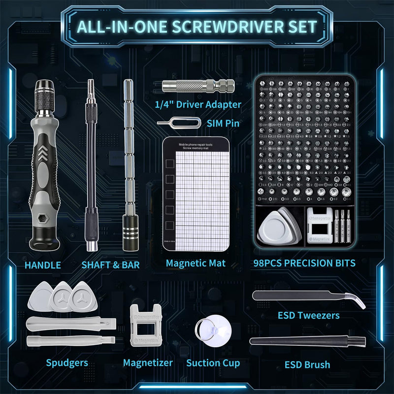 SHOWPIN 122 in 1 Precision Computer Screwdriver Kit, Laptop Screwdriver Sets with 101 Magnetic Drill Bits, Computer Accessories, Electronics Tool Kit Compatible for Tablet, PC, iPhone, PS4 Repair Grey