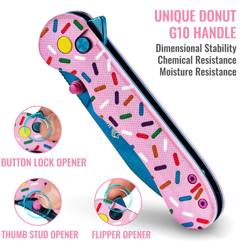 NedFoss DONUT Pink Pocket Knife for Women Men, 2.9" Blade Small EDC Knife, 14C28N Steel Button Lock Knife, Unique Donut Design G10 Handle Folding Knives DONUT_PINK