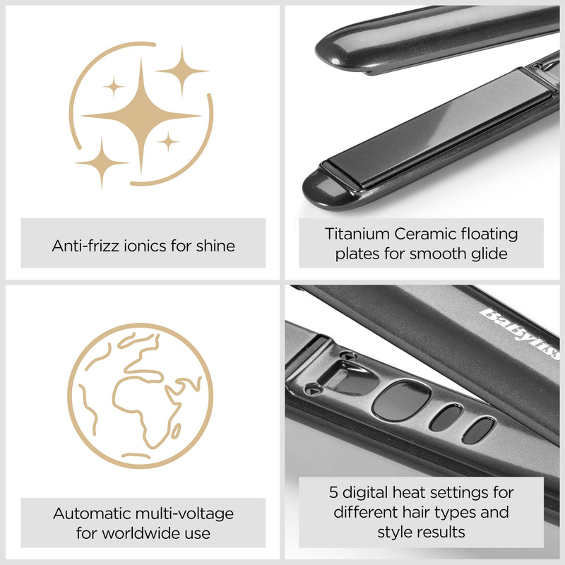 BaByliss Titanium Shine Hair Straighteners - Titanium-Ceramic Smooth-Glide Technology, 5 Heat Settings 150-230°C, Worldwide use, Metallic Grey, ST620U NEW