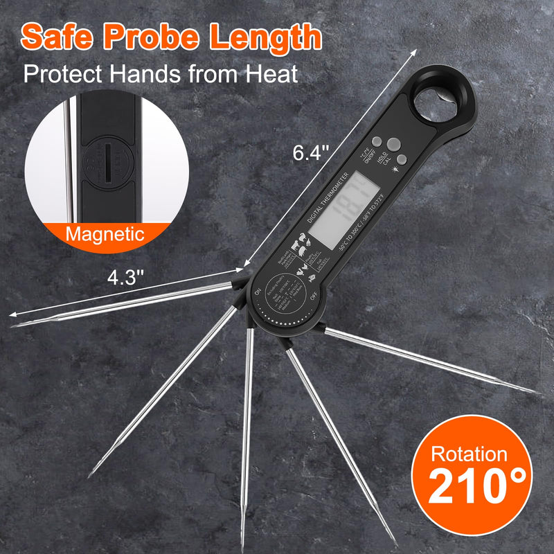 Meat Thermometer Digital - Food Thermometer with Bottle Opener for Cooking, Instant Read with Backlight & Calibration, Convenient for Grilling, Cooking, BBQ, Kitchen Use, Compact & Easy Storage Black
