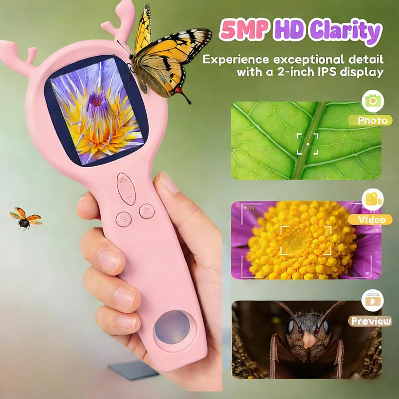 Handheld Digital Microscope, STEM Educational Science Learning Activity Kit, 500X Magnification Digital Deer Microscope, Christmas, Festival and Birthday Gift (Pink) Pink