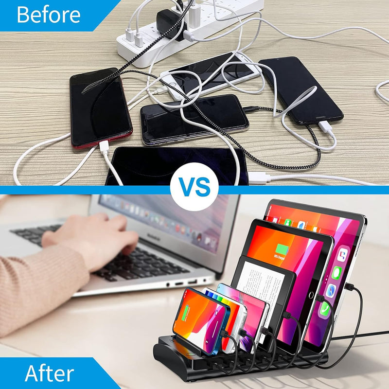 Charging Station for Multiple Devices, Bototek 60W 6 Ports Multi Charger Station for iPhone, iPad, Cell Phone, Tablets, and Other Electronics (6 Ports-Black) 6 ports-black