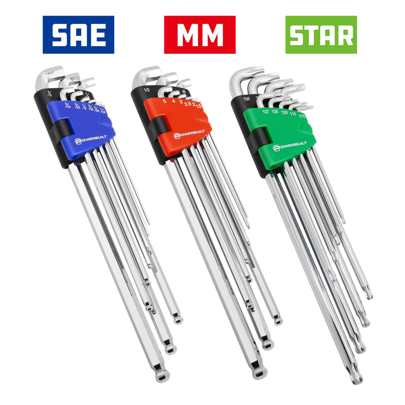 Powerbuilt 9 Piece Star Stubby Long Arm Ball End Hex Key Wrench Set, Allen Hex Key Wrench, Extra Long Arm, Ball End, size T10 to T50-240101