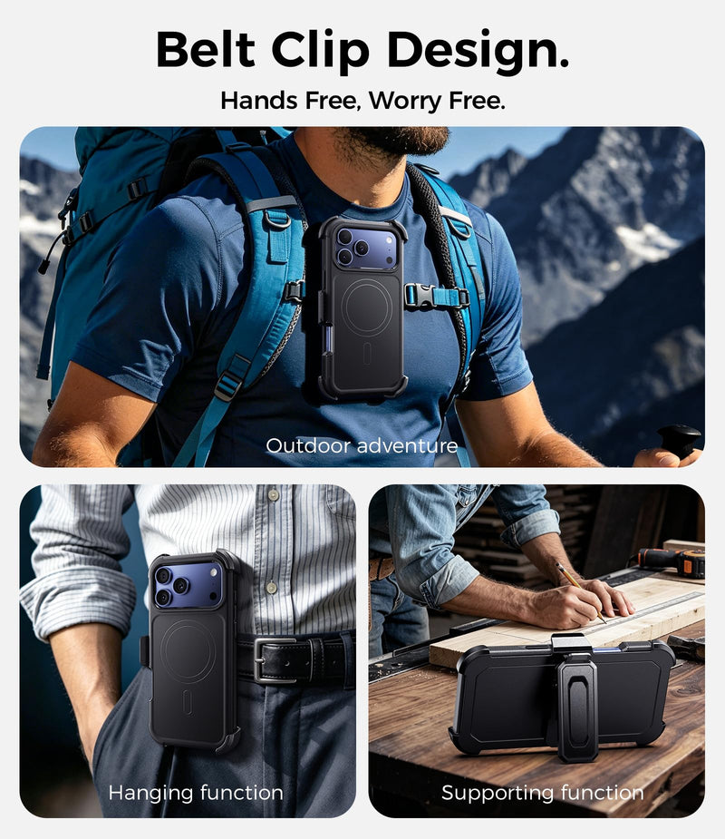 for iPhone 17 Pro Max Case with Belt Clip Holster, [6.9" Screen] Compatible with MagSafe, 360° Rotating Kickstand, Heavy Duty Shockproof Anti-Drop Cover, Include Screen Protector, Black
