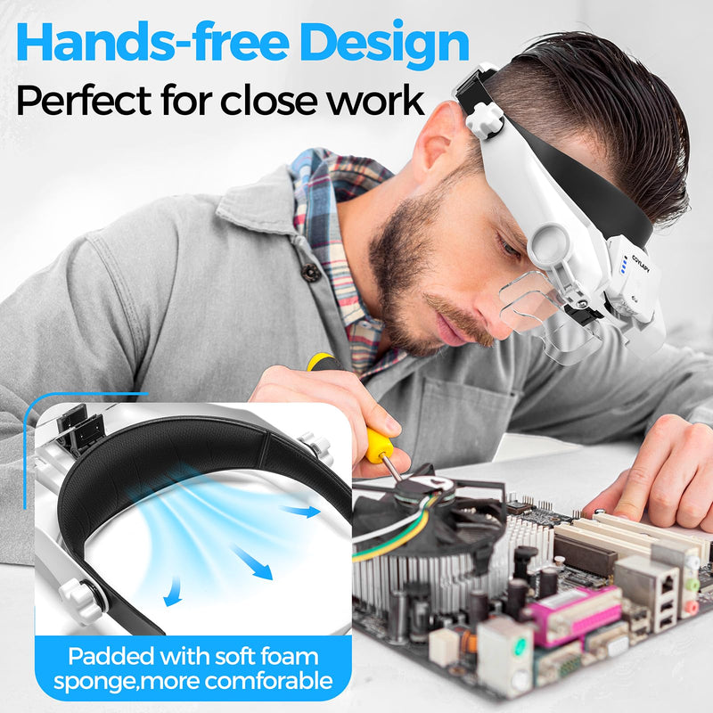 Magnifying Glasses with Light, Headband Magnifying Glasses for Close Work, 1x - 14x Hands-free Magnification Headset with 5 Lenses & Two Led Lamps, Jewelers Loupe Visor Head Magnifier for Hobby, Craft White