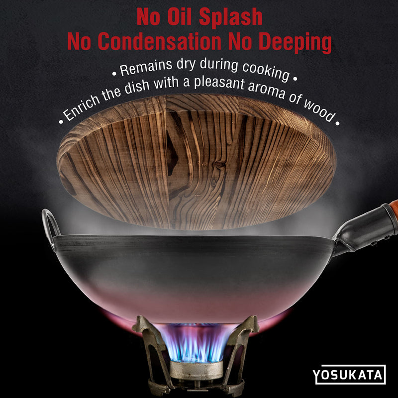 YOSUKATA Premium Wok Cover 13.2" for Wok 13.5"- Wooden lid for Frying Pan - Ergonomic Handle - Condensate-free - Durable Accessories for Carbon Steel - Cast Iron - Stainless Steel & Aluminum Woks 13.2" for wok 13.5"