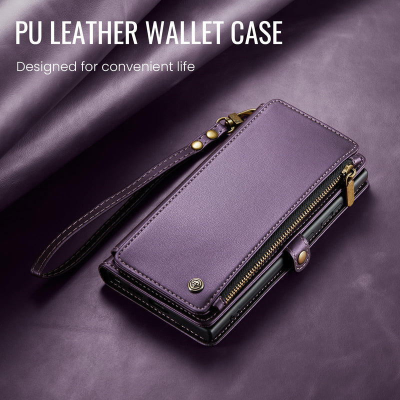 Defencase for Samsung Galaxy A57 5G Wallet Case with Card Holder, Purple | RFID Blocking, Zipper Pocket, Durable PU Leather, Wrist Strap, Fashion Snap Flip Phone Cases Cover with Stand for Women Men