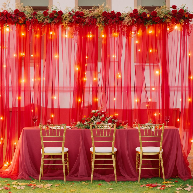10×10ft Red Tulle Backdrop Curtain with Lights String for Parties, Sheer Curtain Backdrop Drapes for Wedding Party Photography Background