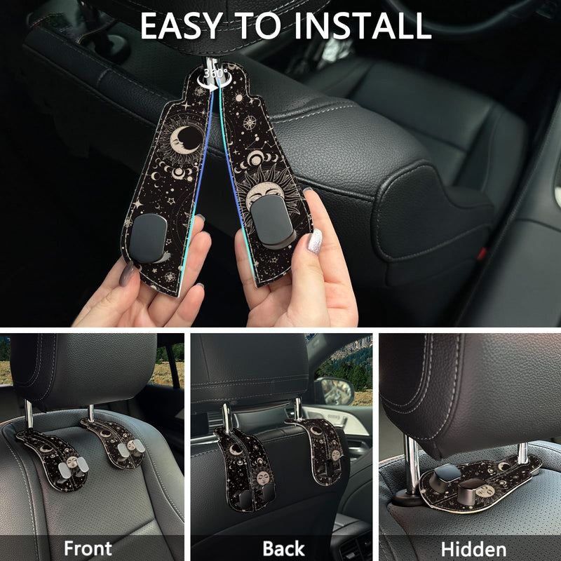 2PCS Car Seat Back Storage Headrest Hooks, Sun and Moon Purse Holder Bags Hanger, PU Leather Double Metal Hook for Backseat Organizer, Women Car Accessories Organization