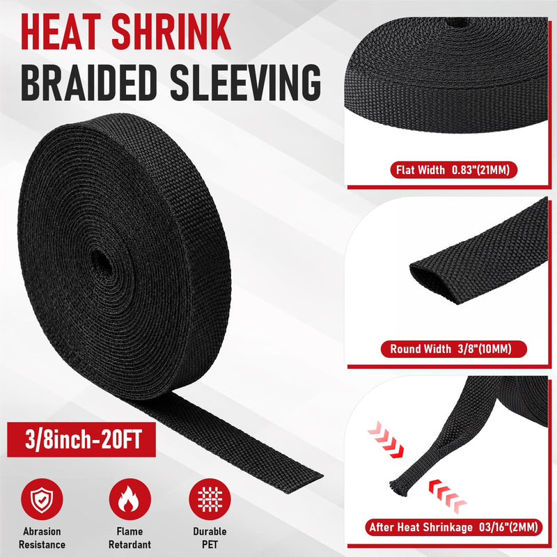 20ft 3/8 Inch 2:1 Heat Shrink Braided Sleeving Wire Loom | Heat Shrink Wire Cover Abrasion Braided Cable Sleeve for Automotive Wiring Harness Sheath Tubing Protection 3/8inch-20ft