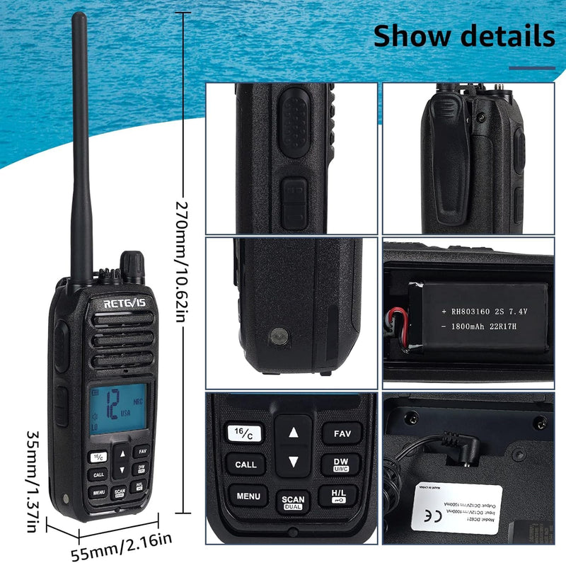 Retevis RM21 Floating Marine Radio, 1/3/5 W, IP67 VHF Radio Marine, Submersible, 1-Press AI Noise Reduction, 1800mAh, 88 Global Channels, NOAA, Boat Radio for Fishing Angler Sailling (1 Pack)