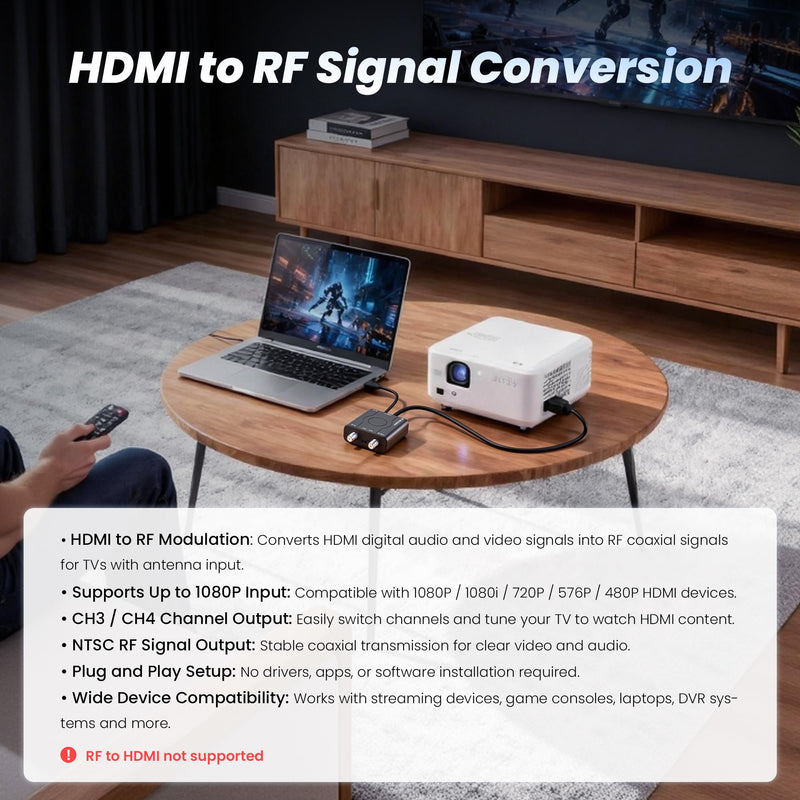 HDMI to RF Modulator with HDMI & RG6 Coaxial Cable for Older TVs | Plug & Play HDMI to Coax Adapter with Power Adapter,1080P PLL Control NTSC Output CH3/CH4 for Antenna TVs and Game Consoles Black with RG6 Coaxial Cable