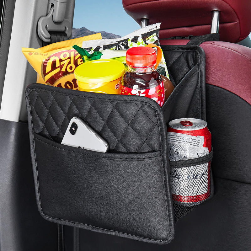 LXUNYI Car Organizer Back Seat, 2 Pack Waterproof Pu Leather Car Seat Storage Bag Large Foldable Universal Hanging Car Seat Back Organizer for Kids & Adults with Cup Holders Car Travel Accessories Black 2Pack Large