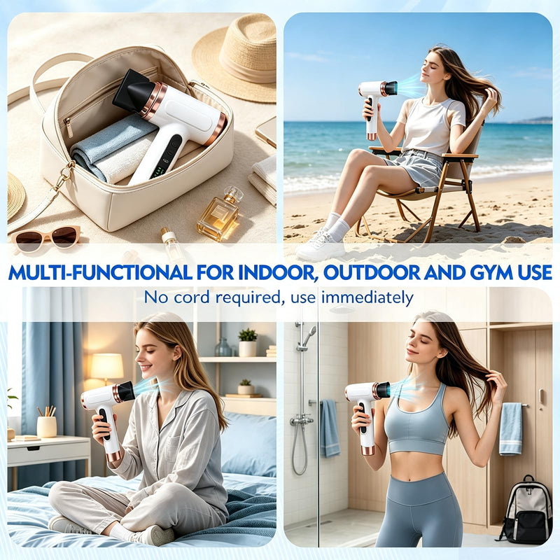 Cordless Hair Dryer, Portable Rechargeable Travel Hairdryer with Digital Screen, 3 Speed & 3 Heat Settings, USB Charging Wireless Blow Dryer for Travel, Dorm, Home & Camping (White)