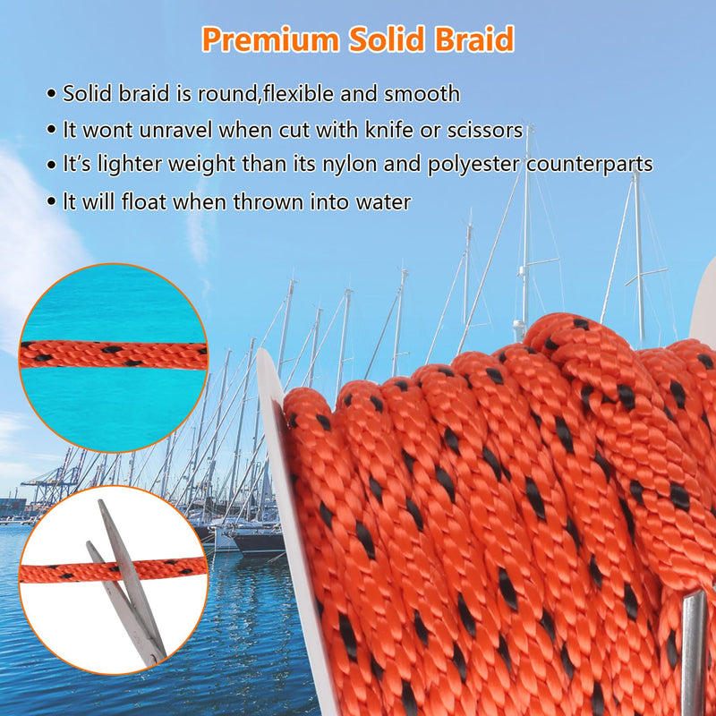 Anchor Rope 50 ft x 3/8 inch, Premium Solid Braid MFP Anchor Line, Boat Anchor Rope with 316 Stainless Steel Thimble & Shackle, Orange and Black Orange&Black 3/8inch x 50ft