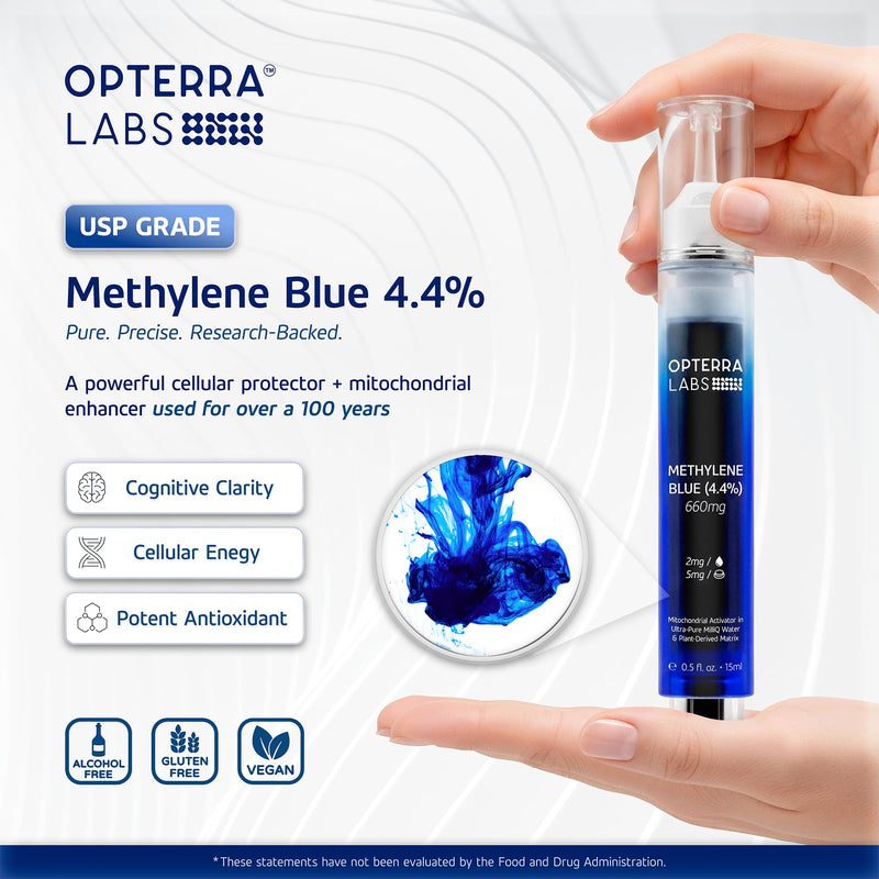 Methylene Blue Drops Pharmaceutical Grade - 4.4% USP Blue Methylene Pharmaceutical Grade | Alcohol & Formaldehyde-Free Cellular Support Formula | Made Vegan & Keto-Friendly | 15ml | OPTERRA LABS