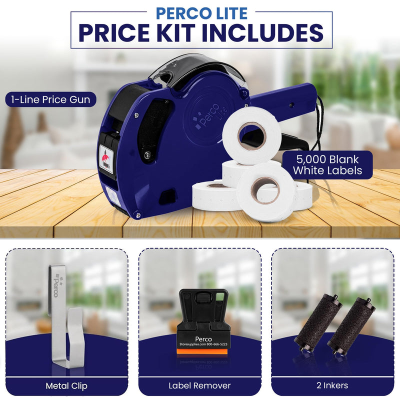 Perco Lite 1 Line Price Gun with Price-Marking Labels Kit — Includes 5,000 Blank White Labels, 1 Gun Clip, 2 Ink Rollers — 1 Ink Roll & Labels Preloaded — Ideal for Retail Pricing, Inventory, and More Price Gun Kit