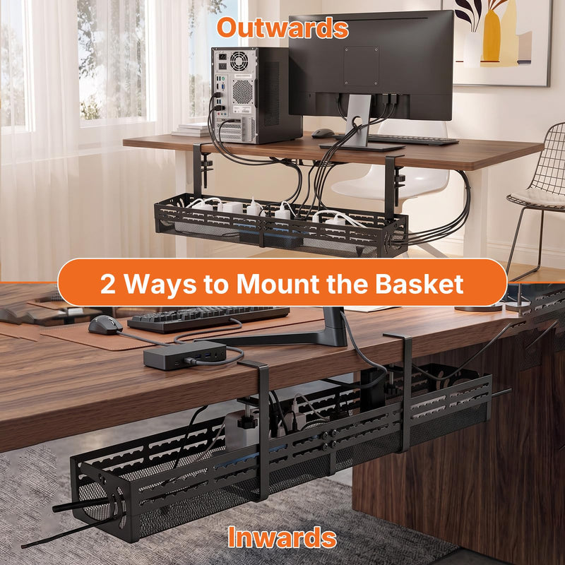 Under Desk Cable Management Tray, 15-25in Retractable Metal Cord Organizer Rack, No Drill Desk Tray with Clamp, Anti-Slip Pads Cable Tray for Home, Office, Gaming, Standing Desks