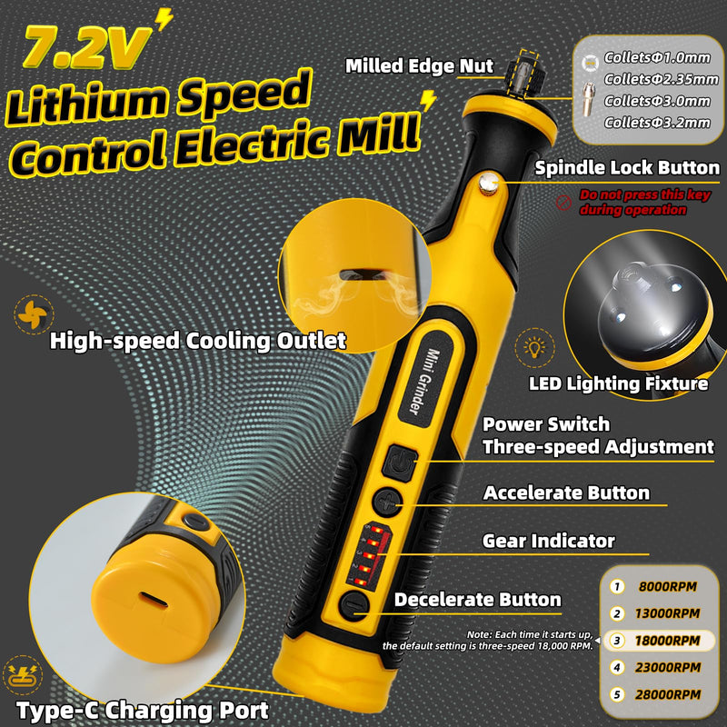 5-speed Adjustable Cordless Grinder Set, 7.2V LED Light Mini Tepy-C Cordless Electric Rotary Sander with 59 Attachments for Drilling, Sanding and Polishing 3D Printed Resin Models Mini 7.2V Cordless Rotary Tool