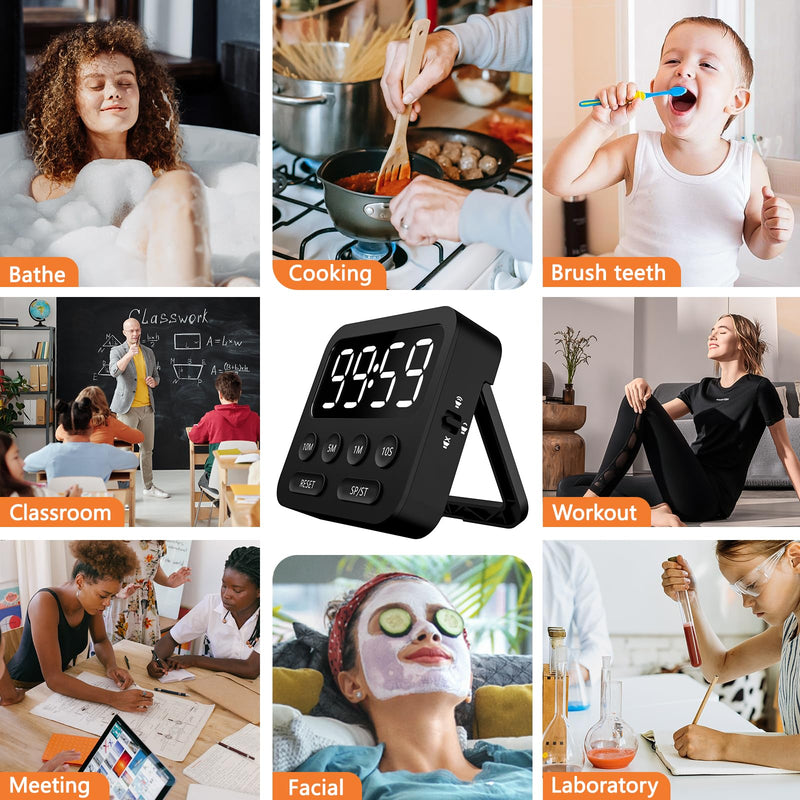Digital Kitchen Timer with Stopwatch and Countdown Function - Magnetic Classroom Timer for Kids with Large LED Display and Adjustable Volume for Cooking, Exercise, Baking, Desk Black