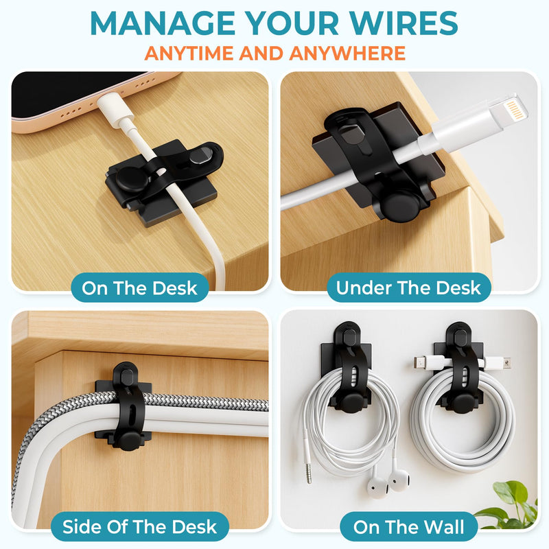 Kanemc 20PCS Cable Management Kit Adhesive Cable Clips | 20 Adjustable Cable Holders,20 Zip Ties,20 Screws&10 Extra Cable Straps, Cord Organizer for Home Office Under Desk Behind TV
