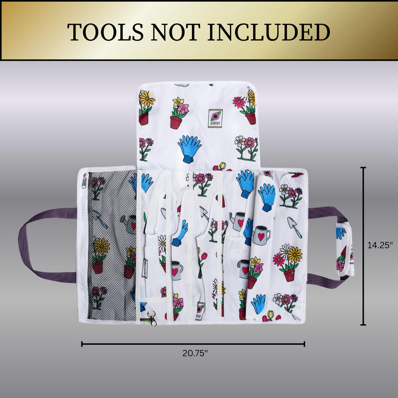 Garden Tool Bag, Roll-Up Garden Tool Holder with Deep Pockets | 900D Polyester Heavy Duty Gardening Tote | Compact Washable Organizer for Tools, Seeds, and Essentials (Tools Not Included) Flower Print