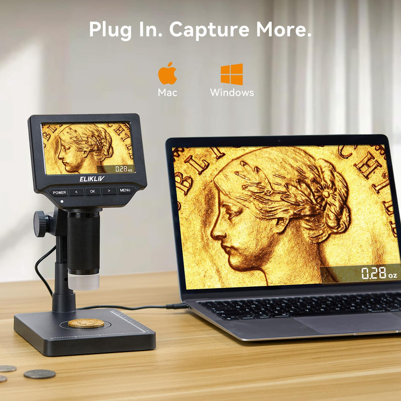 Elikliv EDM4C Coin Microscope with Scale：4.3" Digital Microscope with Adjustable LED, Error Coin Magnifier with Screen & Weighing Scope for Collectors, Jewelers, Students, Windows/Mac Compatible Gray