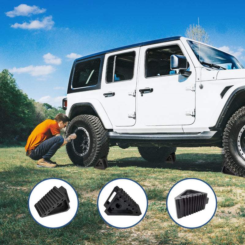 Solid Heavy Duty Rubber Wheel Chocks 4 Packs, Premium Wheel Stopper for Car, Travel Trailers, RV, Truck, and ATV(4 pcs, Black) 8" x 4" x 6" Black 4 pack