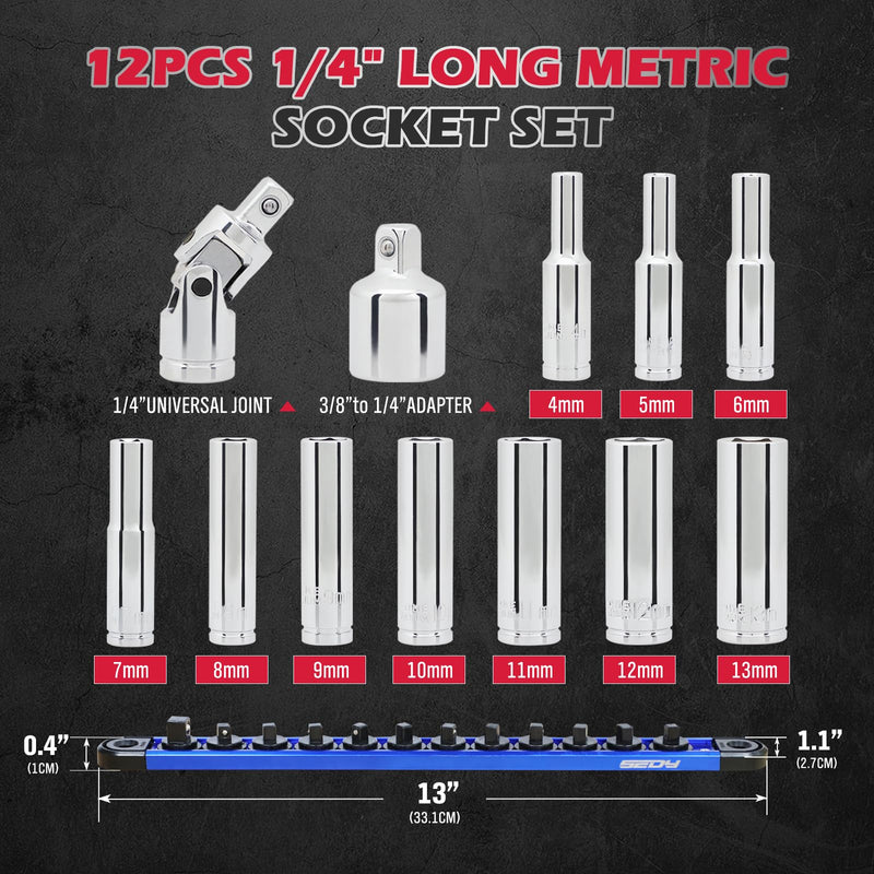 12-Piece 1/4" Drive Metric Long Socket Set 4-13mm with 1 Piece Magnetic Organizer Rail Rack, Premium 6-Point Deep Socket Assortment with 3/8" to 1/4" Adapter and 1/4" Universal Joint (Blue) 1/4-Deep-Metric
