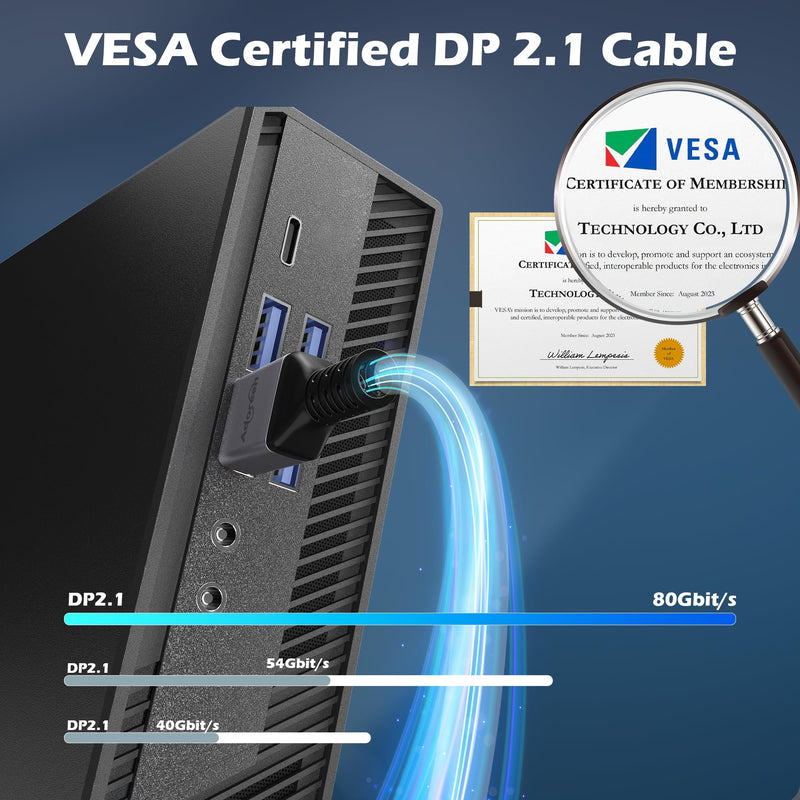 VESA Certified 16K DisplayPort Cable 2.1 20 Ft, 80Gbps [16K@60Hz, 8K@120Hz, 4K@240Hz@165Hz@144Hz] HDR10, HDCP DSC 1.2a 3D,Braided eARC DP 2.0/1.4 Cord FreeSync G-Sync for Gaming/PC/TV/Monitor/Graphics 20FT