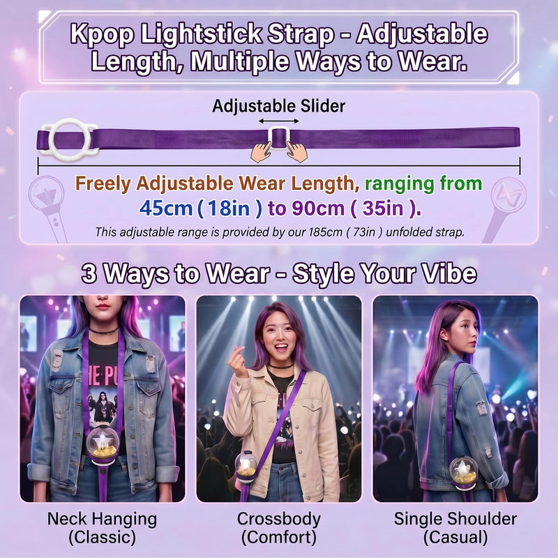 Kpop Lightstick Strap Lanyard - Adjustable K Pop Light Stick Crossbody Carrier Shoulder Strap, K-pop Body Carry Event Strap, Star Accessories Concert Essentials Merch for Display Idol Fans Large Hole ( Dia. 1.38" ) Purple