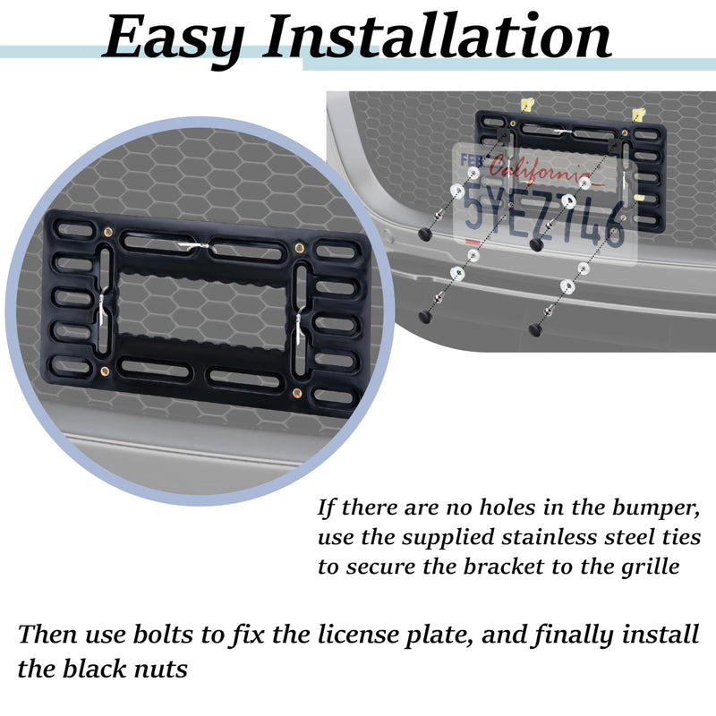 License Plate Bracket Holder, Front License Plate Bracket, No Drill Front Plate Mount, Licenses Plates Brackets Bumper, Car Frame Mount Adapter with Stainless Steel Screw Cap, Cable Ties