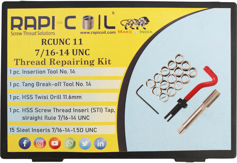 7/16-14 UNC Thread Repair Helicoil Kit, HSS M2 Tap & Drill, SS 304 Wire Inserts - Made in India 7/16-14 UNC
