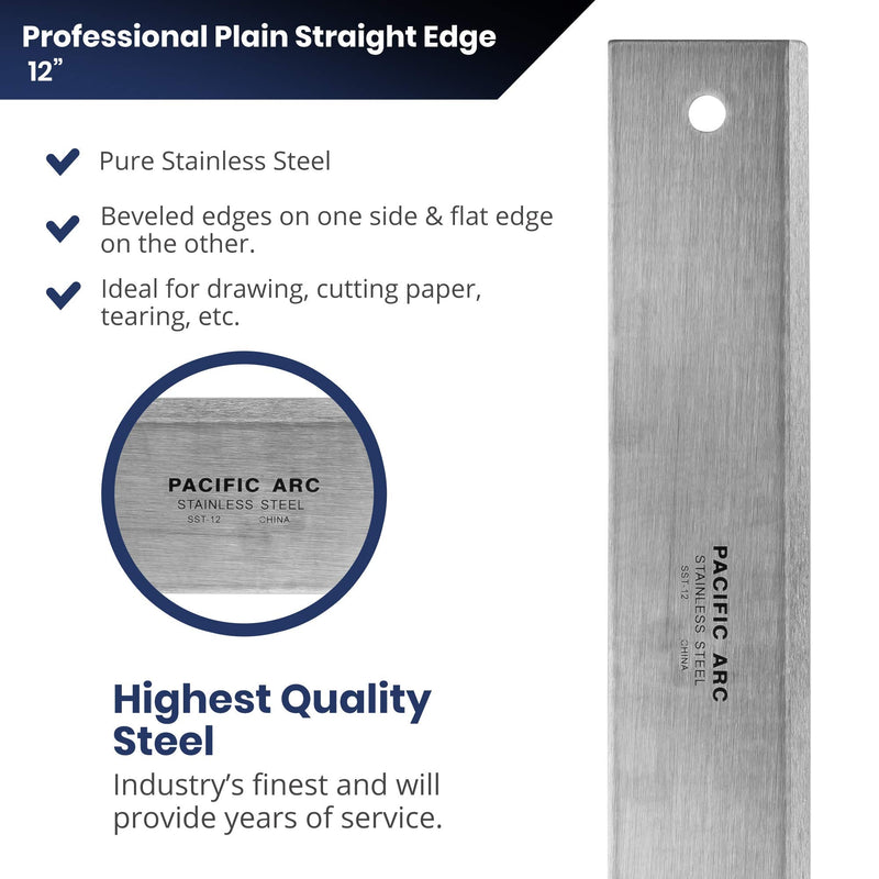 Pacific Arc 12" Straight Edge Stainless Steel 0.09" Thick Steel, Heavy Duty 12 Inch