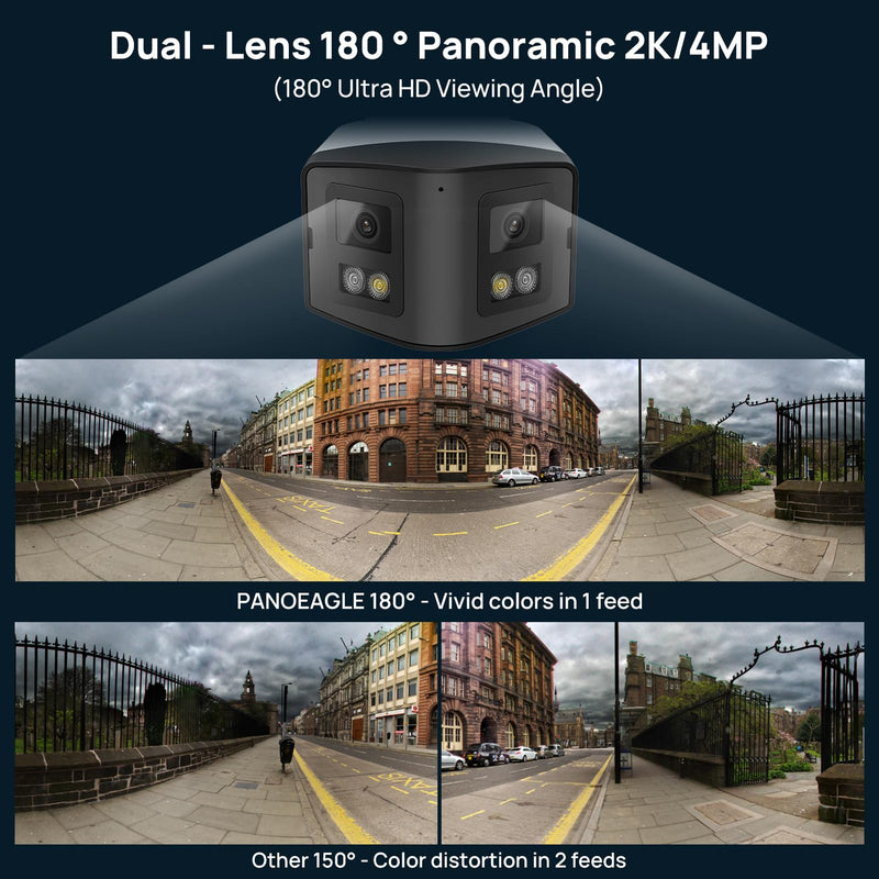 PANOEAGLE 4MP Dual Lens PoE IP Security Camera Outdoor with 180° Panoramic Wide Angle,Smart Color Night Vision,Human/Vehicle Detection,2-Way Audio & Micro SD Slot(512G),IP67 Waterproof,NDAA Complaint 4MP Panoramic/Dual Light