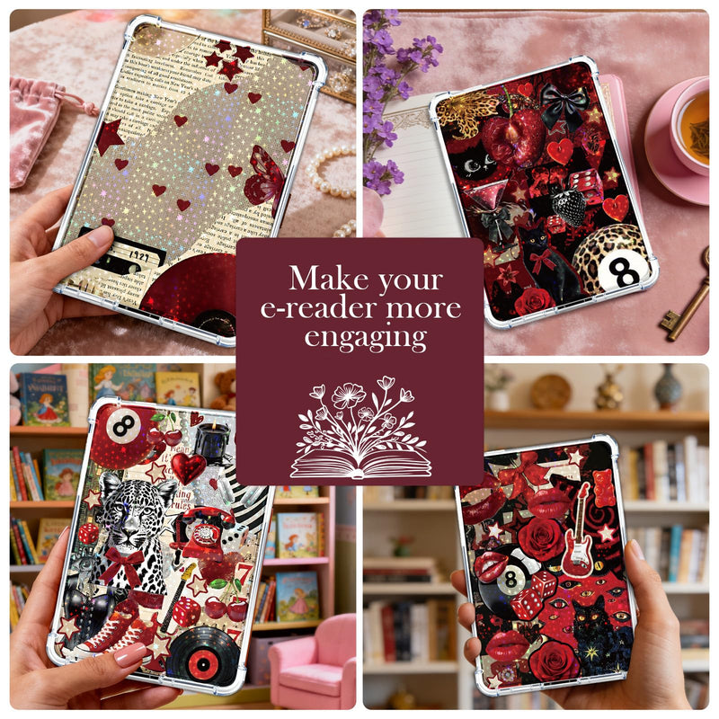 Rngmsi Insert Cardstock for Clear Case - 12Pcs Red Cherry Leopard Print Cardstock Inserts Compatible with Kindle Paperwhite 11th-12th, 50Pcs Vintage Y2K Stickers for E-Reader Clear Back Cover