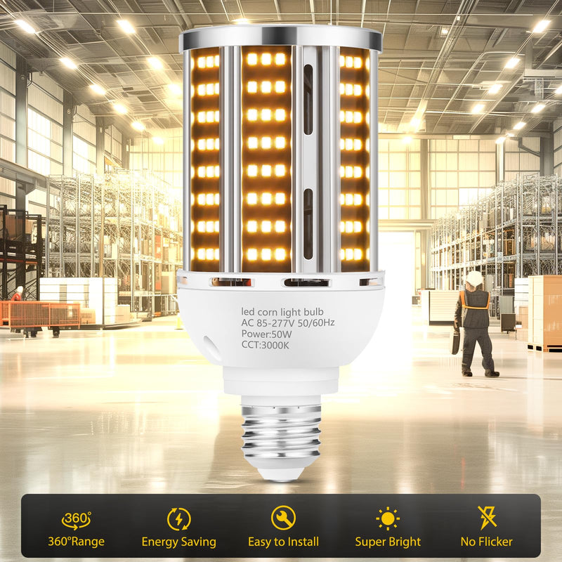 50W 2 pack LED Corn Light Bulb,3000K Warm White 6500LM(500W Equivalent ) Commercial GradeE26/E39 Medium Mogul Base LED Lamp,Large Area Lights For Outdoor Indoor Garage Warehouse Factory Bay Light 2pack 50.1w Corn Bulb