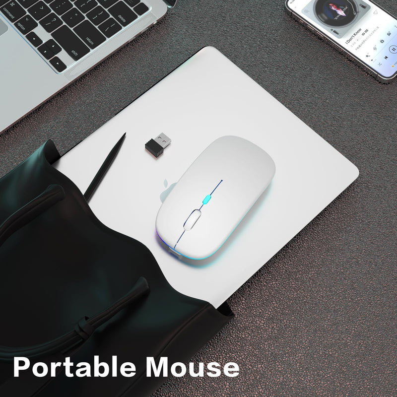 Wireless Bluetooth Mouse,LED Rechargeable Laptop Mouse.Portable Computer Mice use(BT5.2 and USB 2.4G) Dual Mode Connection,Silent,Slim,for Apple Laptop/ipad Tablet/Mac/PC. (White) White