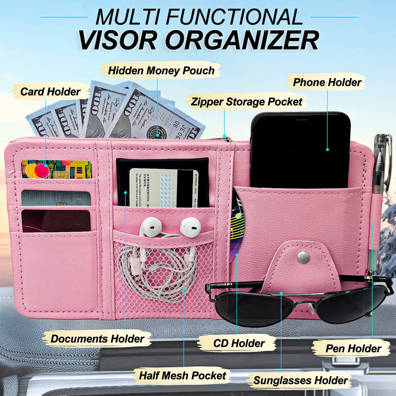 Keedolla Car Sun Visor Organizer, Truck Visor Organizer Car Sun Storage Pocket Pouch Case Bag for Sunglasses, Cards, Pens and Document - Pink
