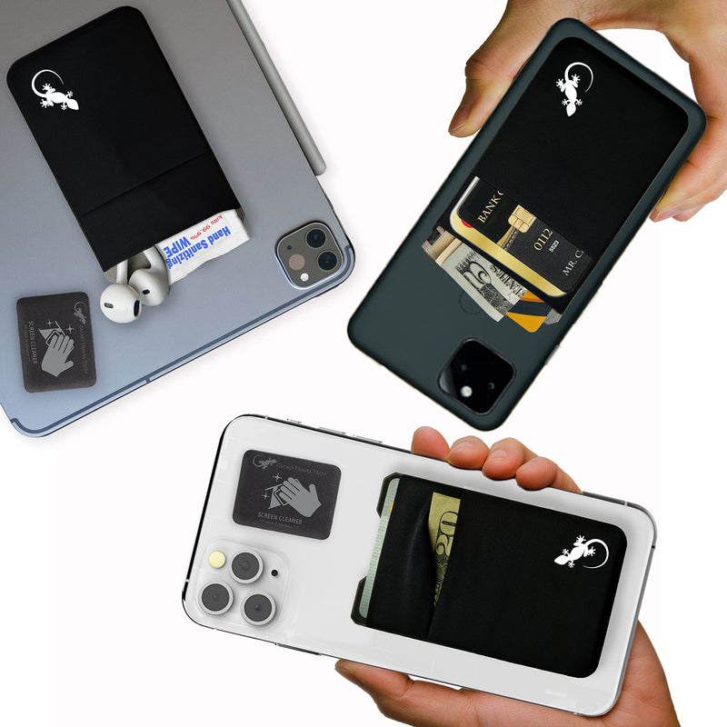 Double Pocket Gecko Phone Wallet - Smartphone Adhesive Card Holder - Cell Phone Pouch - Mobile Stick on Lycra Pocket by Gecko - Carry Credit Cards and Cash – (BLACK-WHITE) BLACK-WHITE