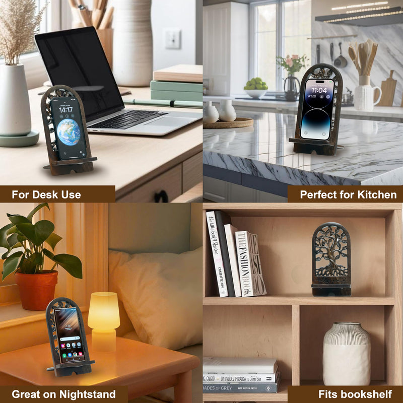 Handicraftviet - Handcrafted Wooden Tree of Life Phone Stand, Engraved “I Love You” – Vintage Desk Docking Station for Smartphone – Gift for Mom, Grandma, Sister, Dark Brown (Tree of Life)