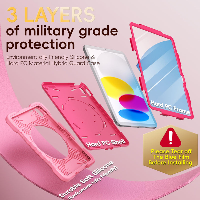 Case for iPad (A16) 11th/10th Generation 11/10.9 Inch 2025/2022 with Screen Protector/360° Rotate Stand/Pencil Holder/Shoulder Strap, Shockproof iPad 11th/10th Gen Cover (Pink+Rose Red) Pink+Rose Red Case for iPad (A16) 11th/10th Generation