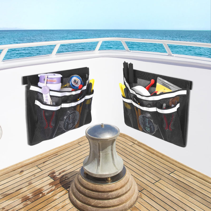 2 PCS 13.7"x 9.8" Boat Storage Mesh Bag, Upgraded 2-Layer 1 Large+3 Small Pockets Self-Adhesive Organizer with 3 Strong Adhesive Pads Double Reflective Strips, Keep Your Boat Tidy and Items Secure