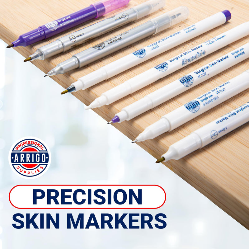 Arrigo Sterile Surgical Skin Markers – Box of 6 Individually Wrapped Violet Purple Skin Pens for Clinical Use – Single & Dual-Tip – Precise 0.5mm & 1mm – Water & Sweat-Resistant – Rulers Included 6-Pack Violet Purple Ink, Single & Dual-Tip (0.5mm & 1mm)
