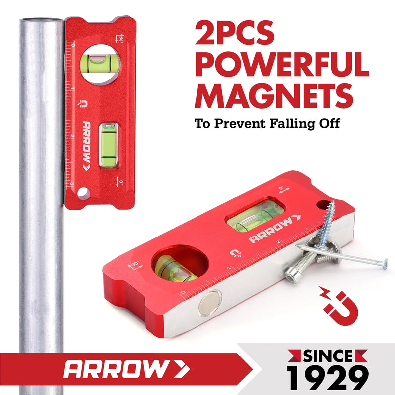 ARROW 4-Inch Torpedo Level, Small Magnetic Leveler Tool with 0°/90° Bubbles, Top-view Window, Aluminium Alloy Frame, Dual SAE and Metric Scales 4 inch