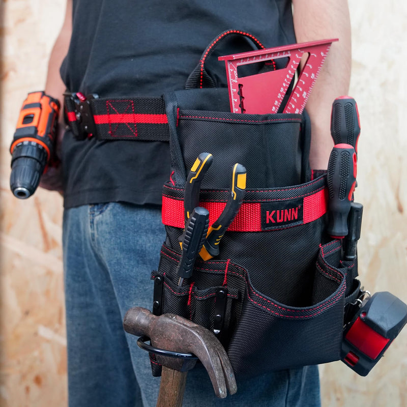 KUNN 10-Pocket Carpenter Tool Pouch,Adjustable 2-Inch Belt Heavy Duty Construction,Hammer Holder and Tape Measure Clip Style A