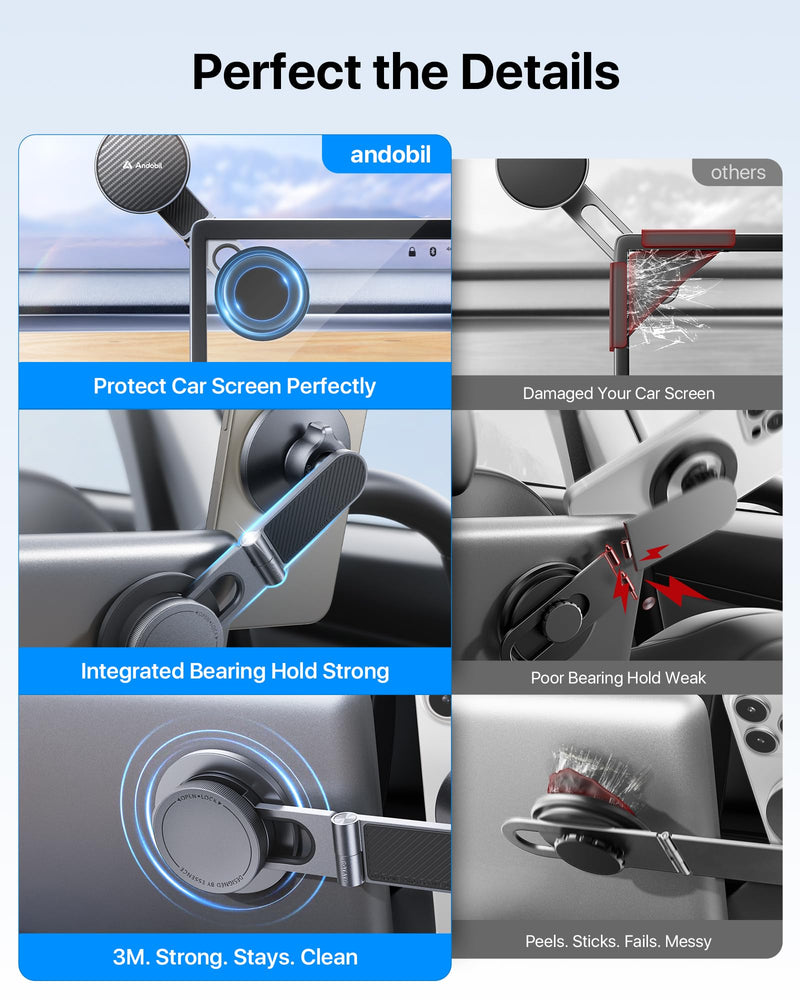 andobil Upgrade Tesla Phone Mount [Strong Magnet & Foldable] MagSafe Car Mount for Tesla New Model Y Juniper Model 3, 360° Adjustable Tesla Phone Holder fits iPhone 17 16 15 Pro Max, Tesla Accessories Metallic Sliver