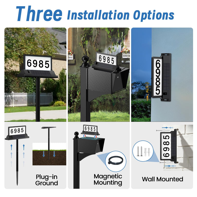 Solar Address Sign for House Numbers – Dual-Sided LED & Dual-Sided Solar Panels, 3 Color Modes, IP65 Waterproof Address Plaque, Strong Magnetic/Stake/Wall Mount, Dusk-to-Dawn for Mailbox Yard Driveway 1 Pack 3000/4000/6000K
