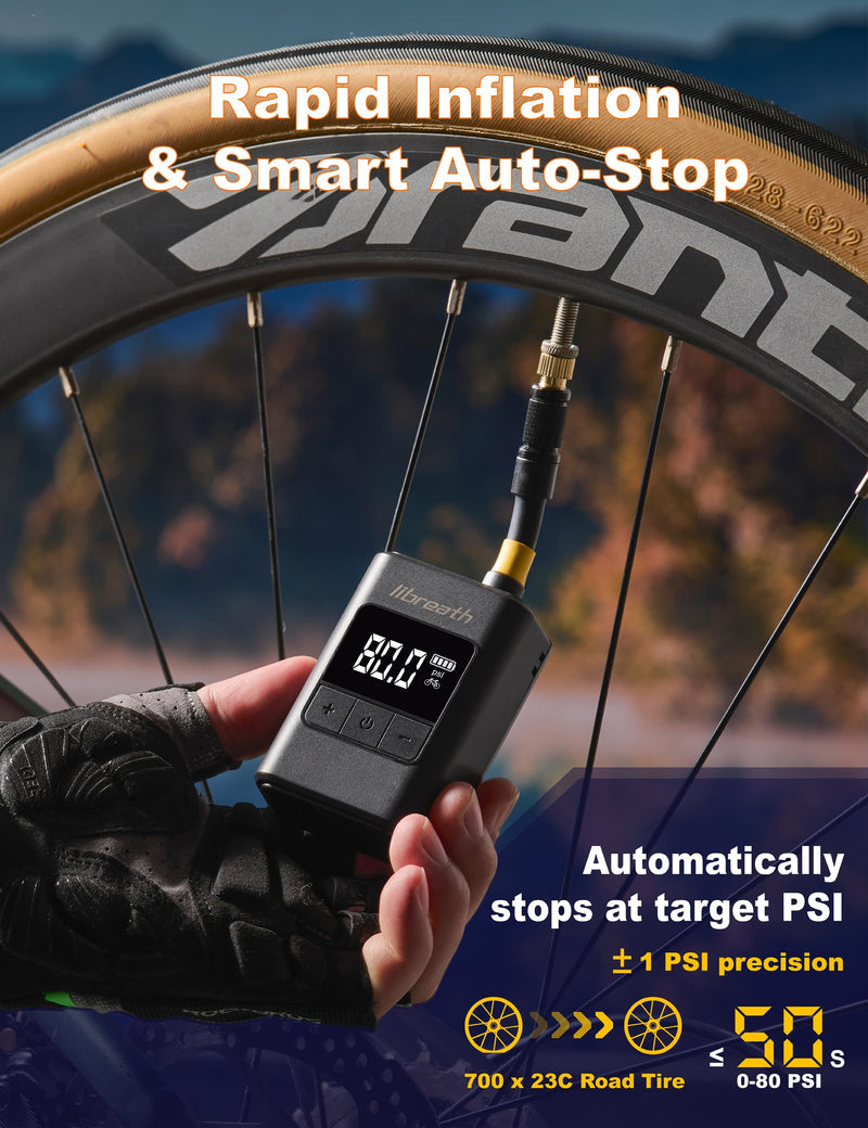 Bike Pump with Gauge, 120 PSI Mini Electric Bike Tire Pump, Auto Stop Air Pump with Presta and Schrader Valve, Portable Rechargeable Fast Inflation for Road Mountain Bike Bicycle Accessories